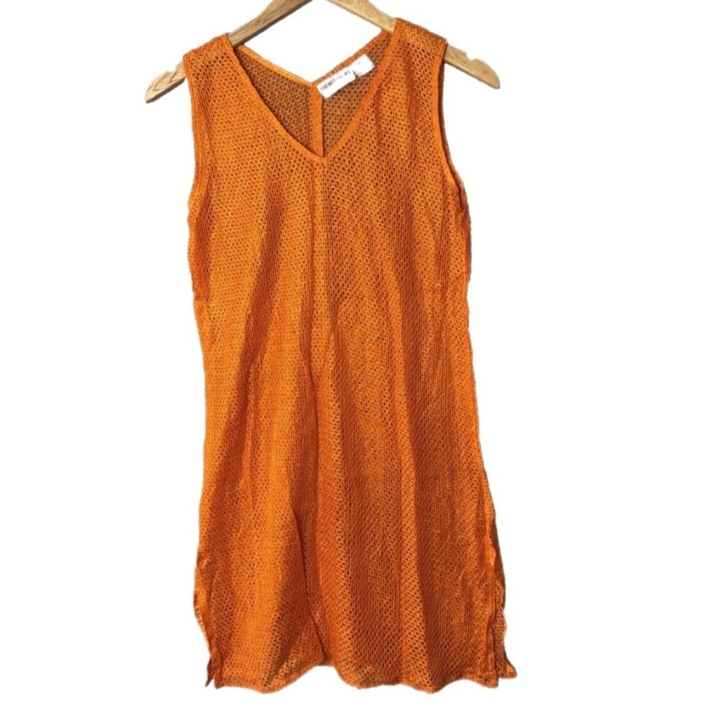 Y2K Trendy Looks Mesh Knit Tunic Women Medium Orange V-Neck Rayon Coverup - Picture 2 of 13